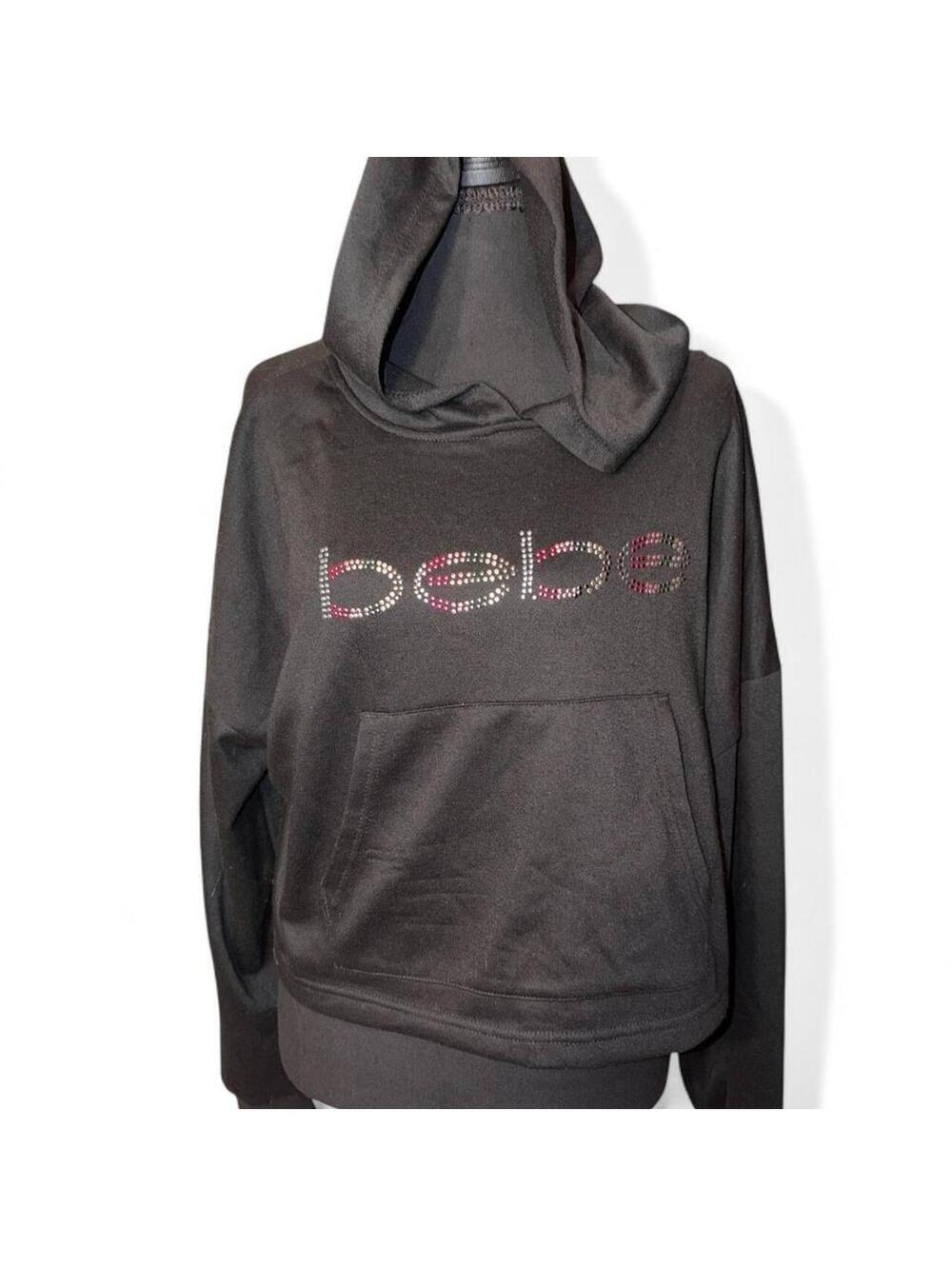 Vintage Y2K Bebe Sport Black Rhinestone Logo Hoodie Bedazzled Pullover – Size L